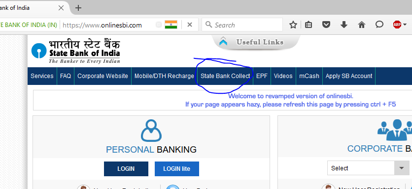 SBI collect main page