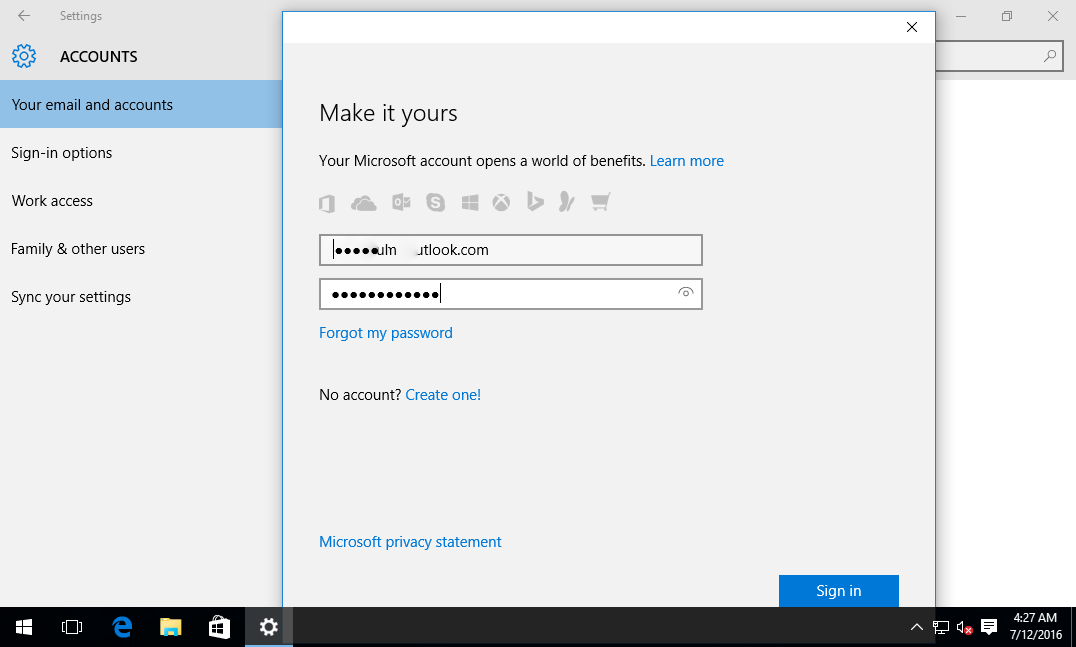 linking with microsoft account