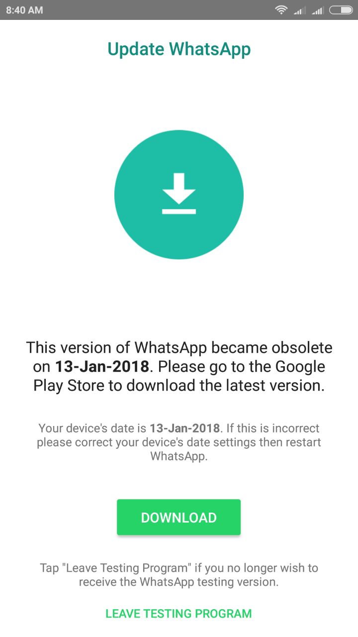 Whatsapp Messenger Asking For Update On 13 Jan 2018 Solved Soonev